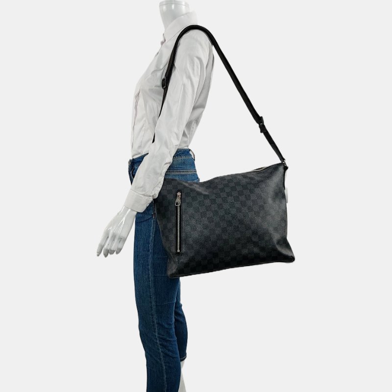 LOUIS VUITTON MICK中號灰色塗層帆布棋盤格單肩包斜挎包銀色五金-1