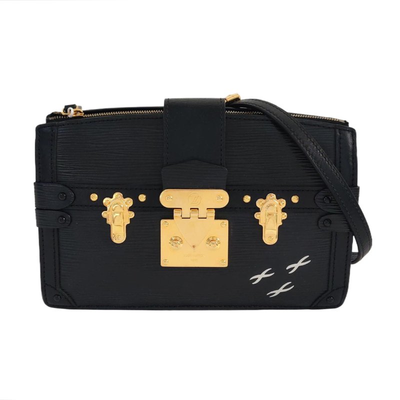 LOUIS VUITTON TRUNK黑色EPI牛皮水波紋斜挎包單肩包金色五金可拆卸肩帶-0