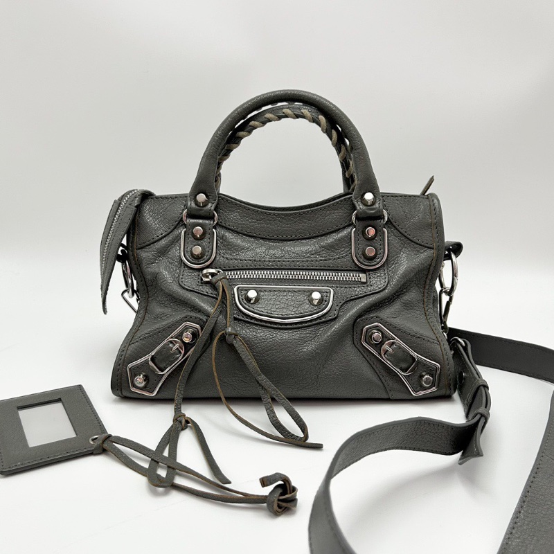 BALENCIAGA 灰色 mini手提肩背機車包24*15*8 98新配件鏡子塵袋-1