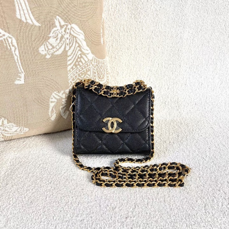 Chanel22Kwoc雙鏈條mini斜背包新標款黑金荔枝皮 11.5*11*3 99新配件塵袋-1