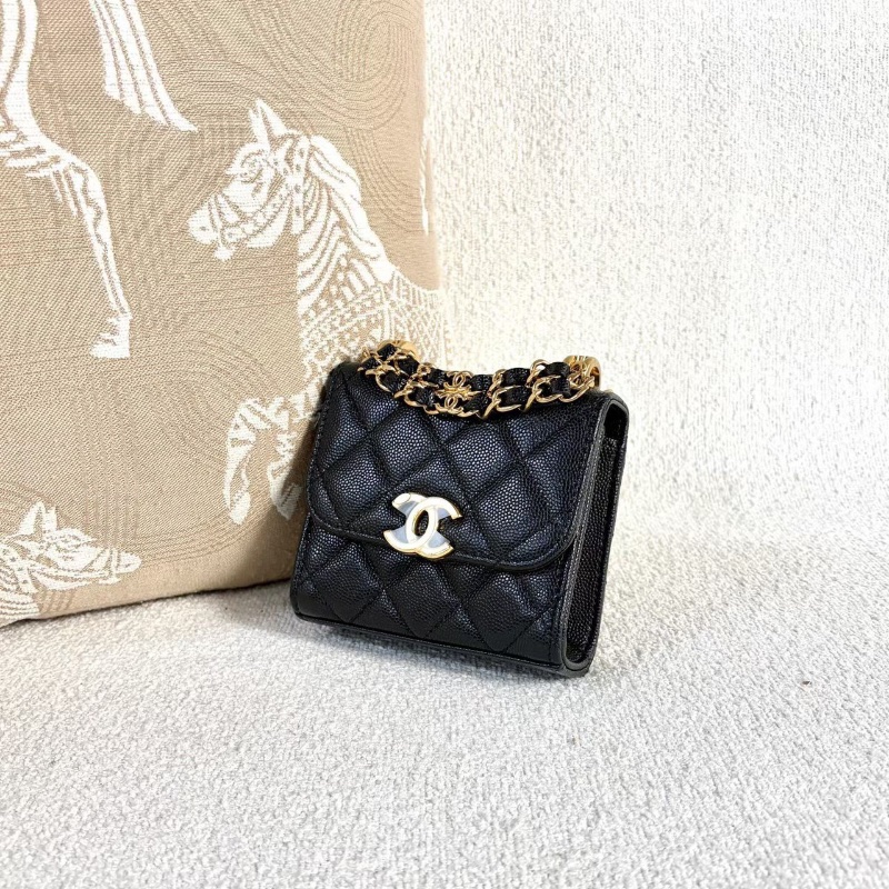 Chanel22Kwoc雙鏈條mini斜背包新標款黑金荔枝皮 11.5*11*3 99新配件塵袋-2