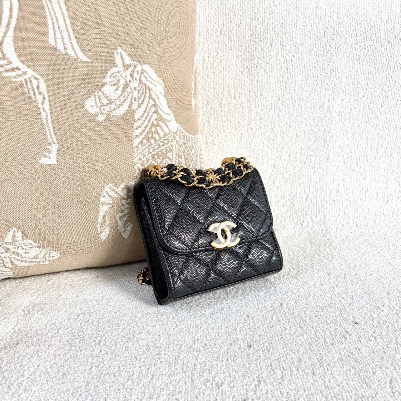Chanel22Kwoc雙鏈條mini斜背包新標款黑金荔枝皮 11.5*11*3 99新配件塵袋-4