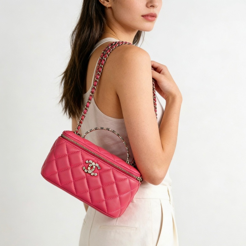 Chanel 24P水鑽手柄長盒子包桃紅淡金扣羊皮帶鏡子16*9.5*8 98新配件塵袋-0