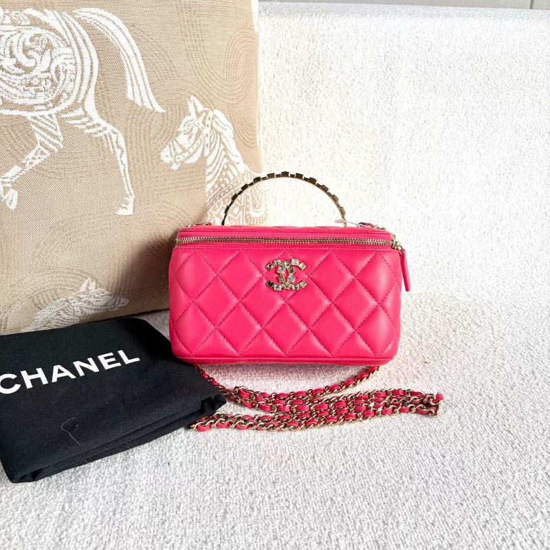 Chanel 24P水鑽手柄長盒子包桃紅淡金扣羊皮帶鏡子16*9.5*8 98新配件塵袋-1