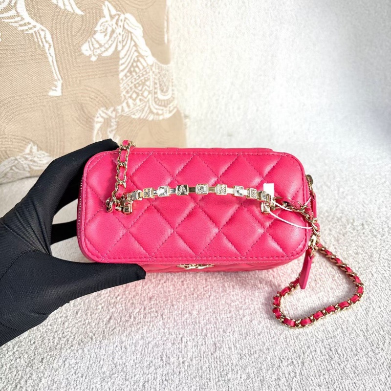 Chanel 24P水鑽手柄長盒子包桃紅淡金扣羊皮帶鏡子16*9.5*8 98新配件塵袋-2