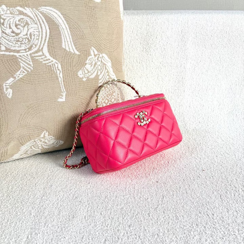 Chanel 24P水鑽手柄長盒子包桃紅淡金扣羊皮帶鏡子16*9.5*8 98新配件塵袋-6