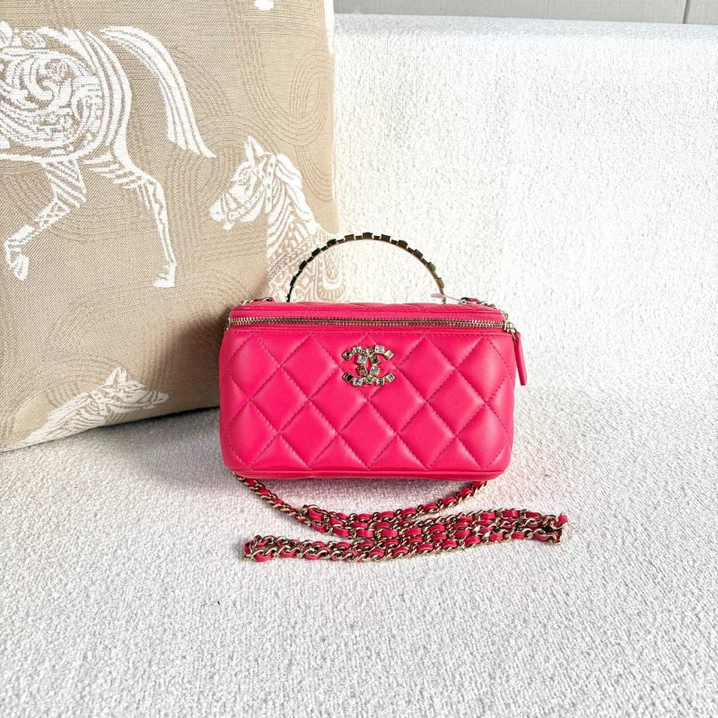 Chanel 24P水鑽手柄長盒子包桃紅淡金扣羊皮帶鏡子16*9.5*8 98新配件塵袋-7