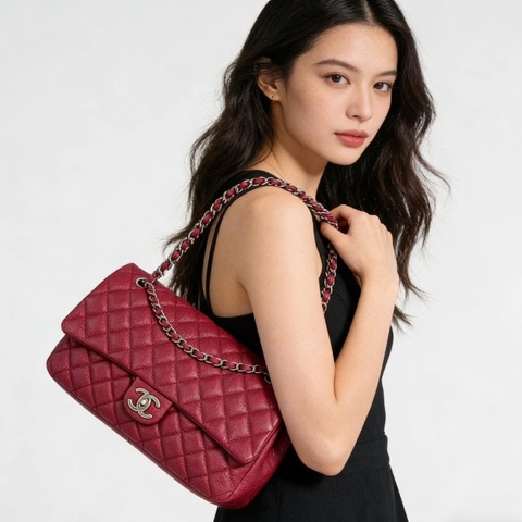 Chanel 孟買系列拉鍊款CF暗紅色銀扣荔枝皮32*20*7 98新配件塵袋