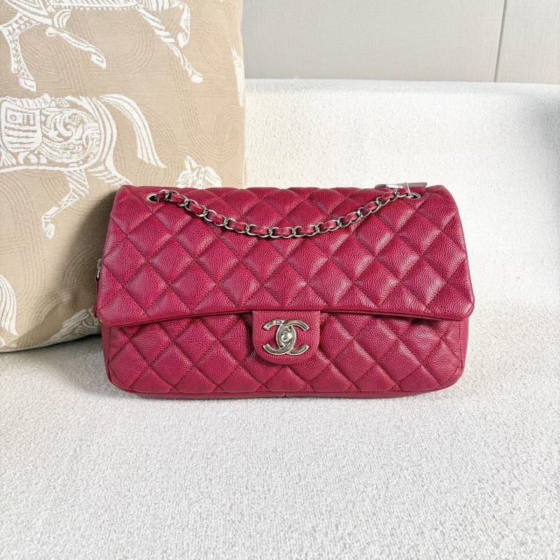 Chanel 孟買系列拉鍊款CF暗紅色銀扣荔枝皮32*20*7 98新配件塵袋-1
