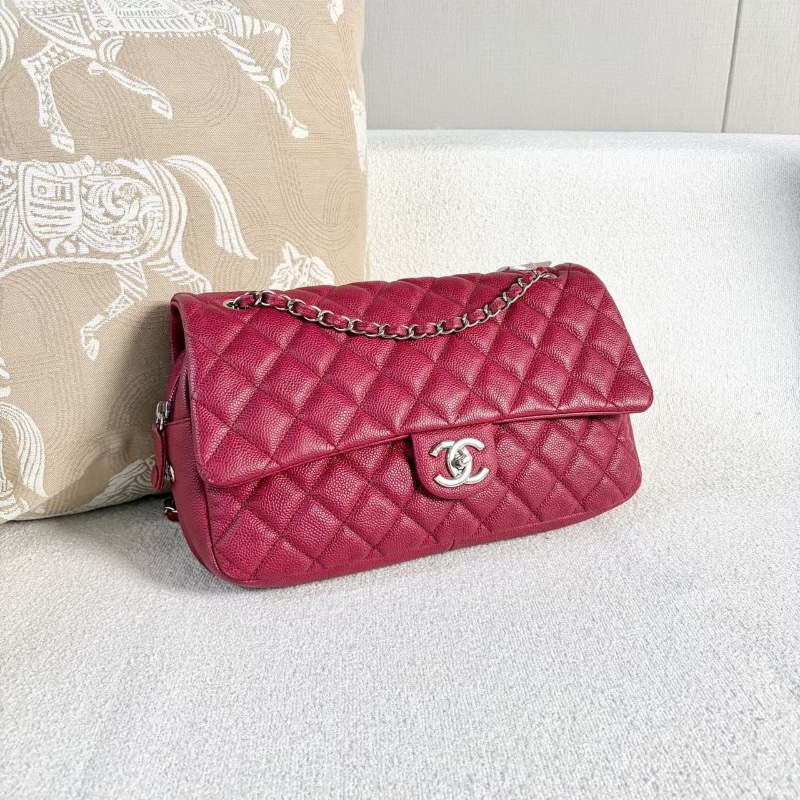 Chanel 孟買系列拉鍊款CF暗紅色銀扣荔枝皮32*20*7 98新配件塵袋-4