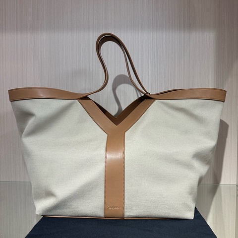 YSL聖羅蘭 古銅色五金亞麻 托特包大號 淺褐色