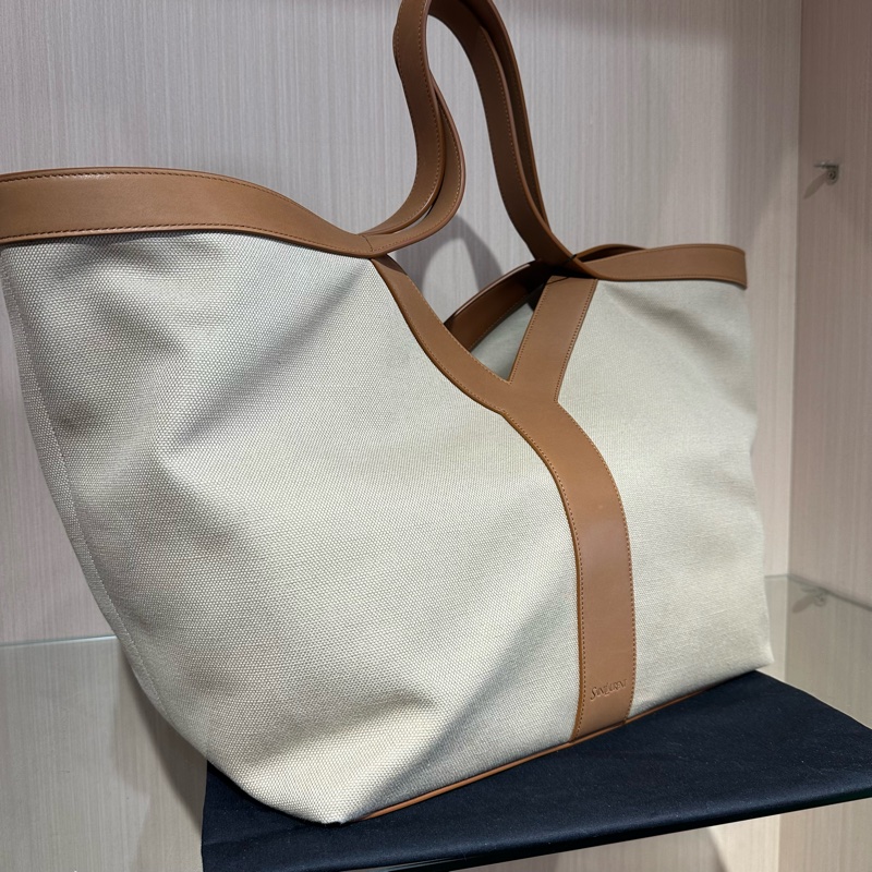 YSL聖羅蘭 古銅色五金亞麻 托特包大號 淺褐色-1