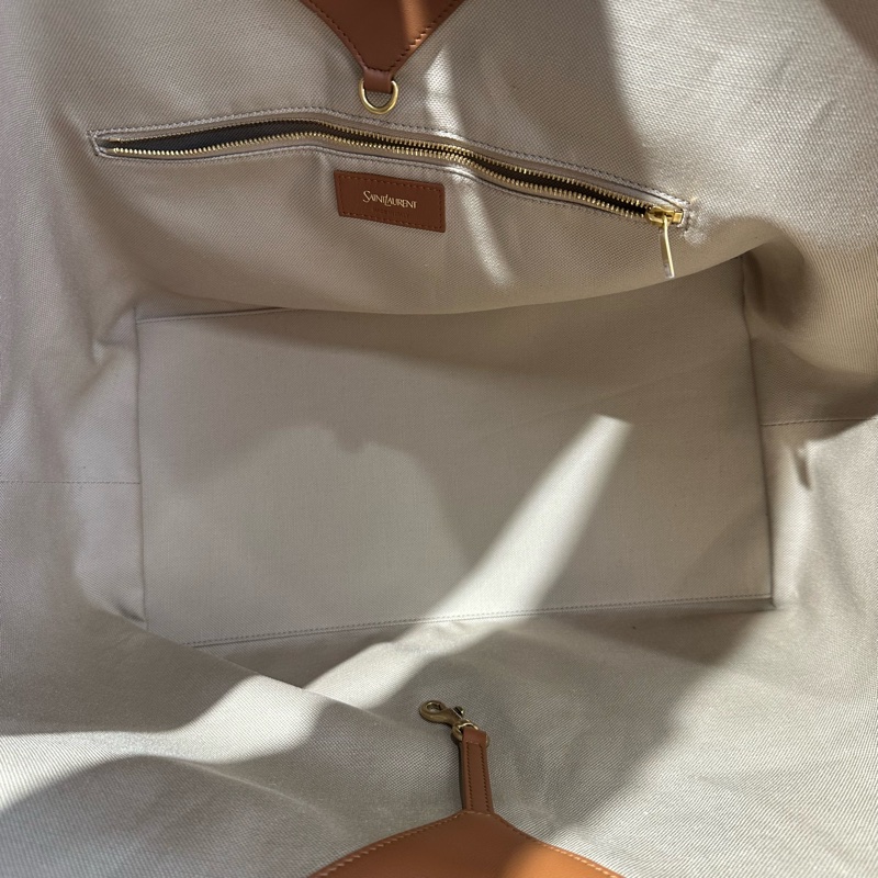 YSL聖羅蘭 古銅色五金亞麻 托特包大號 淺褐色-6