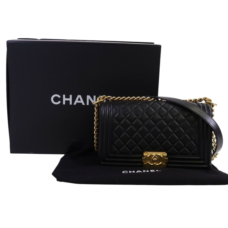 CHANEL 羊皮皮革Boy 25金扣鏈帶肩背袋-9