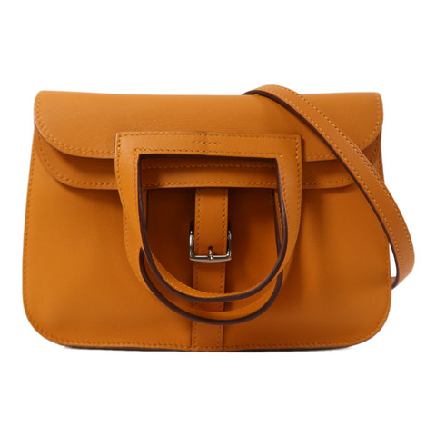 HERMES Swift皮革Halzan Mini銀扣鏈帶肩背袋Apricot