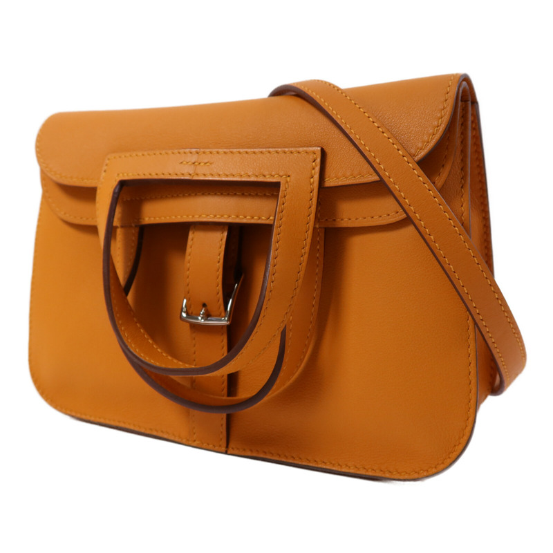 HERMES Swift皮革Halzan Mini銀扣鏈帶肩背袋Apricot-2