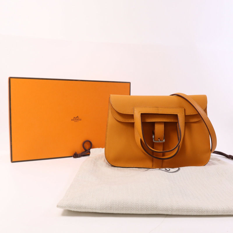 HERMES Swift皮革Halzan Mini銀扣鏈帶肩背袋Apricot-9