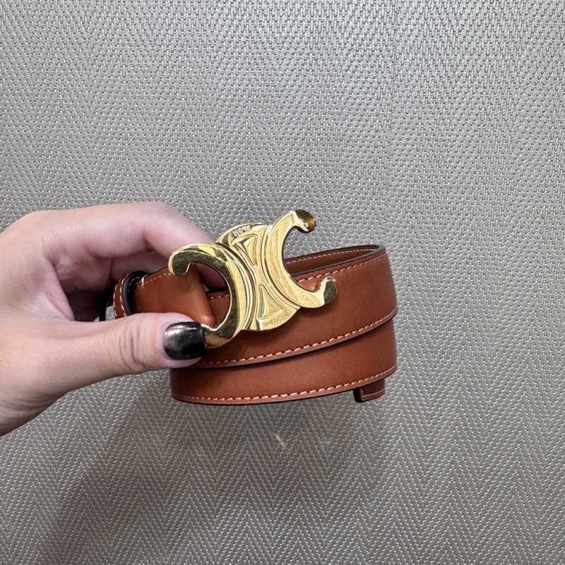 Celine Triomphe 棕褐牛皮金釦皮帶-0