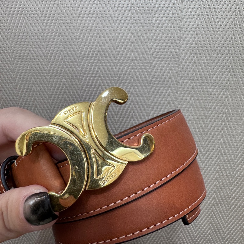 Celine Triomphe 棕褐牛皮金釦皮帶-1