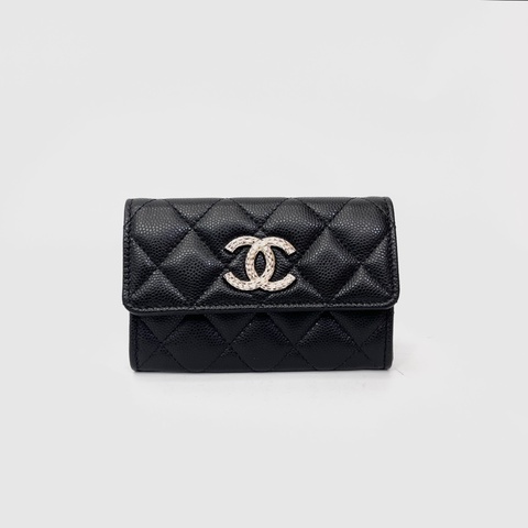Chanel 黑荔枝皮波紋雙C logo下蓋零錢卡包