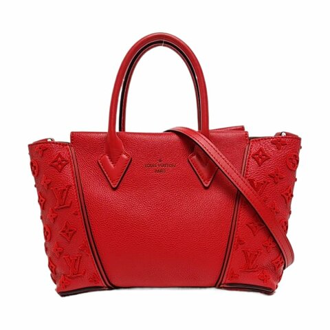 LOUIS VUITTON W紅色牛皮老花浮雕單肩包手提包銀色五金可拆卸肩帶