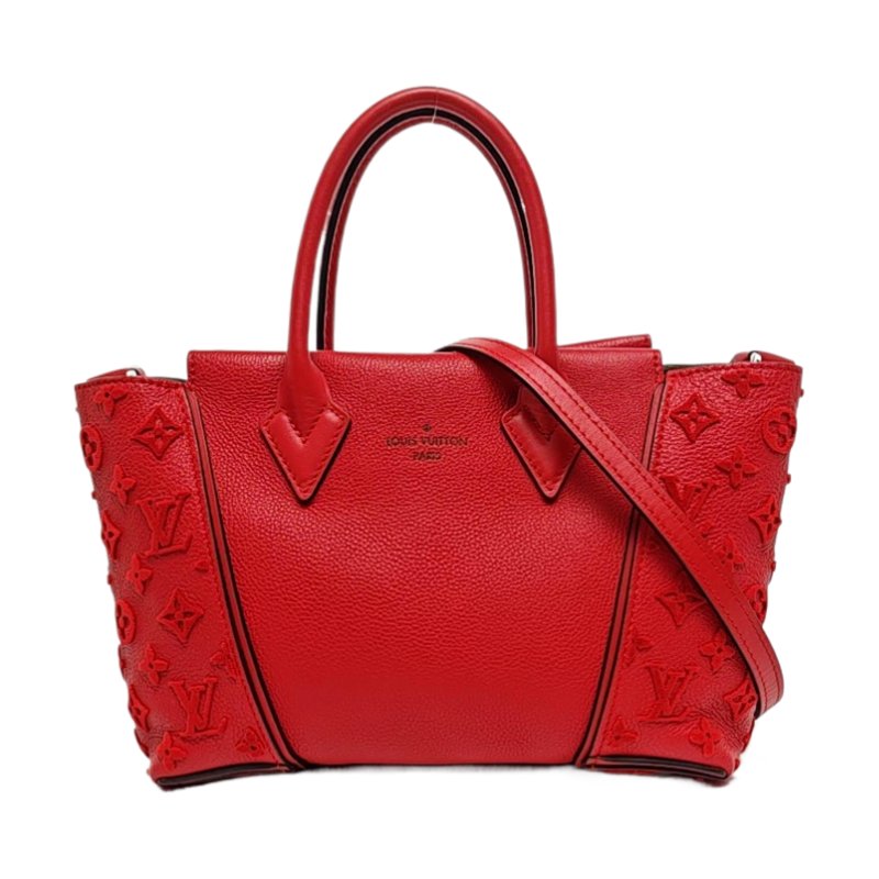 LOUIS VUITTON W紅色牛皮老花浮雕單肩包手提包銀色五金可拆卸肩帶-0