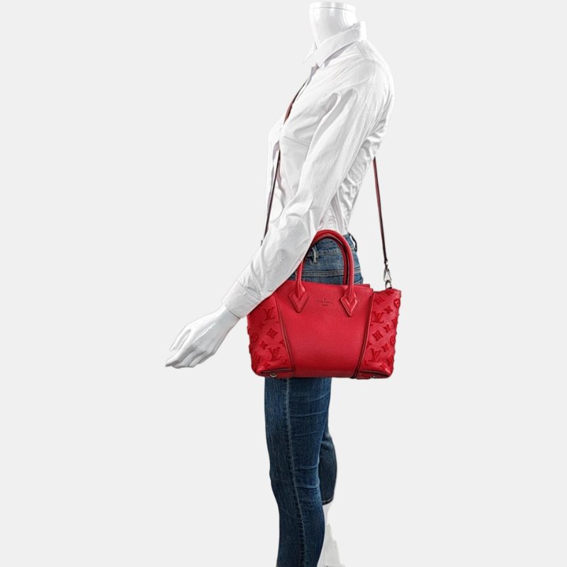 LOUIS VUITTON W紅色牛皮老花浮雕單肩包手提包銀色五金可拆卸肩帶-1