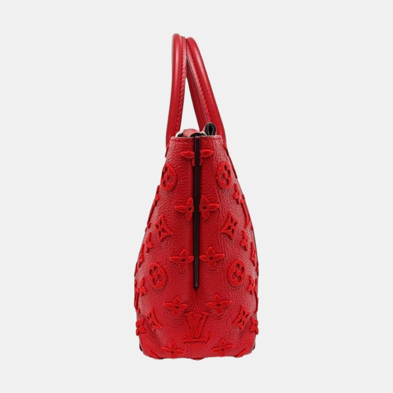 LOUIS VUITTON W紅色牛皮老花浮雕單肩包手提包銀色五金可拆卸肩帶-2