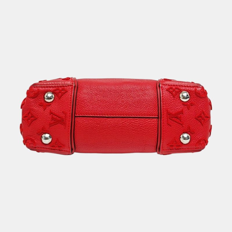 LOUIS VUITTON W紅色牛皮老花浮雕單肩包手提包銀色五金可拆卸肩帶-5