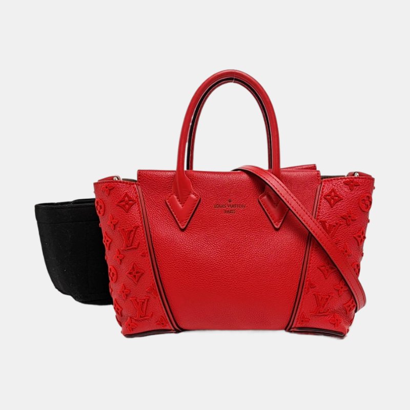 LOUIS VUITTON W紅色牛皮老花浮雕單肩包手提包銀色五金可拆卸肩帶-7