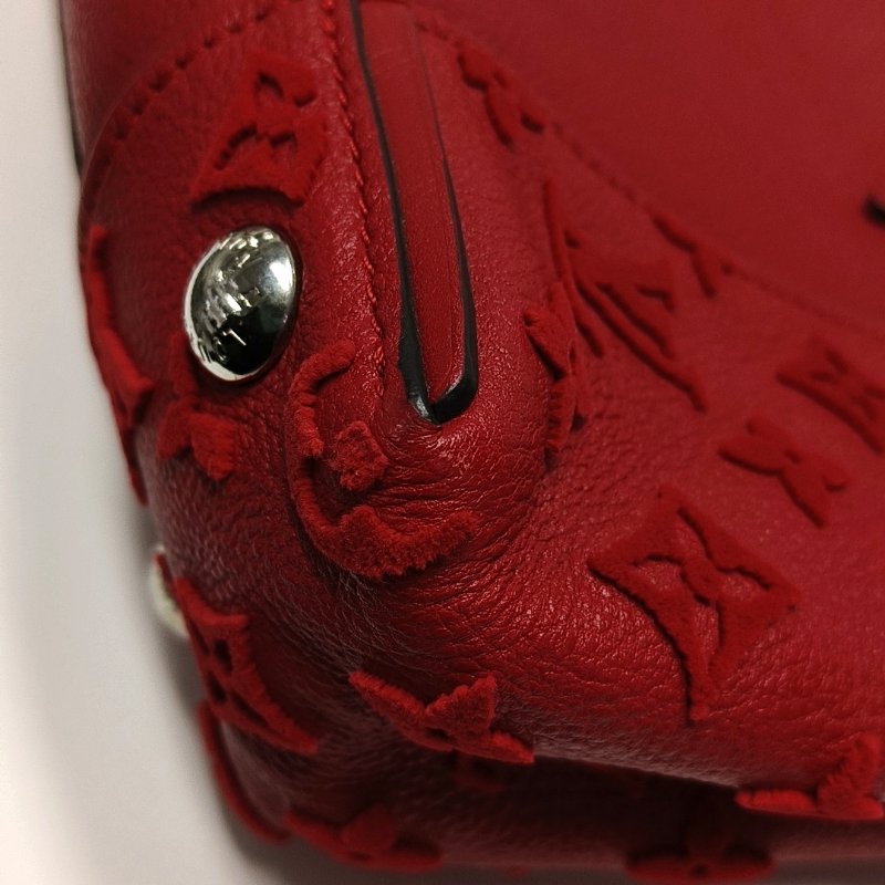 LOUIS VUITTON W紅色牛皮老花浮雕單肩包手提包銀色五金可拆卸肩帶-9
