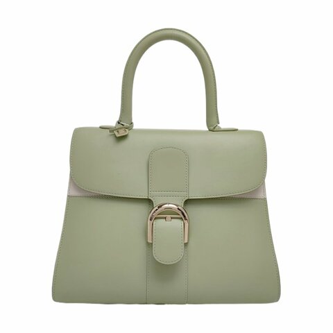 DELVAUX Brillant中號綠色牛皮鉚釘手提包單肩包斜挎包銀色五金