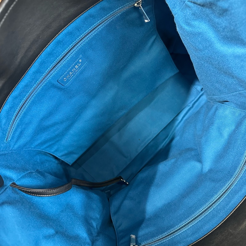 CHANEL香奈兒字母羊羔毛絨鏈條托特包大號 藍黑色-6
