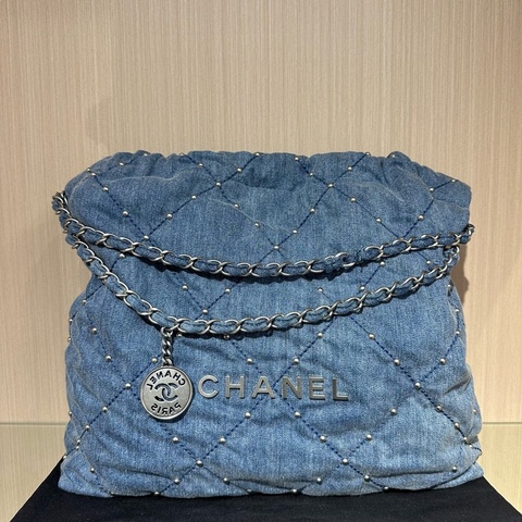 CHANEL香奈兒24s銀扣 菱格珍珠 丹寧牛仔小號 藍色