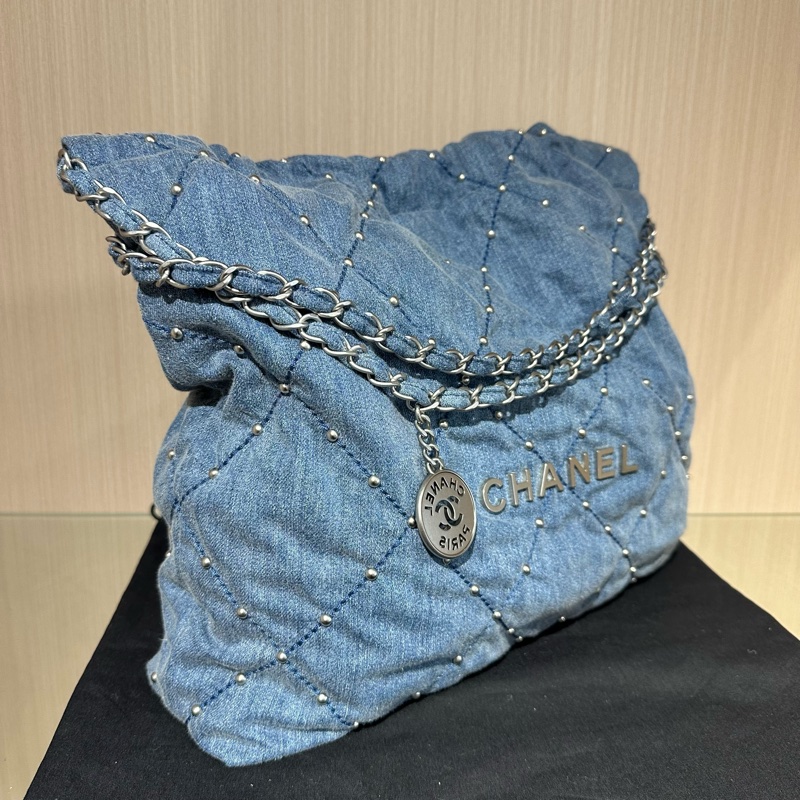 CHANEL香奈兒24s銀扣 菱格珍珠 丹寧牛仔小號 藍色-1