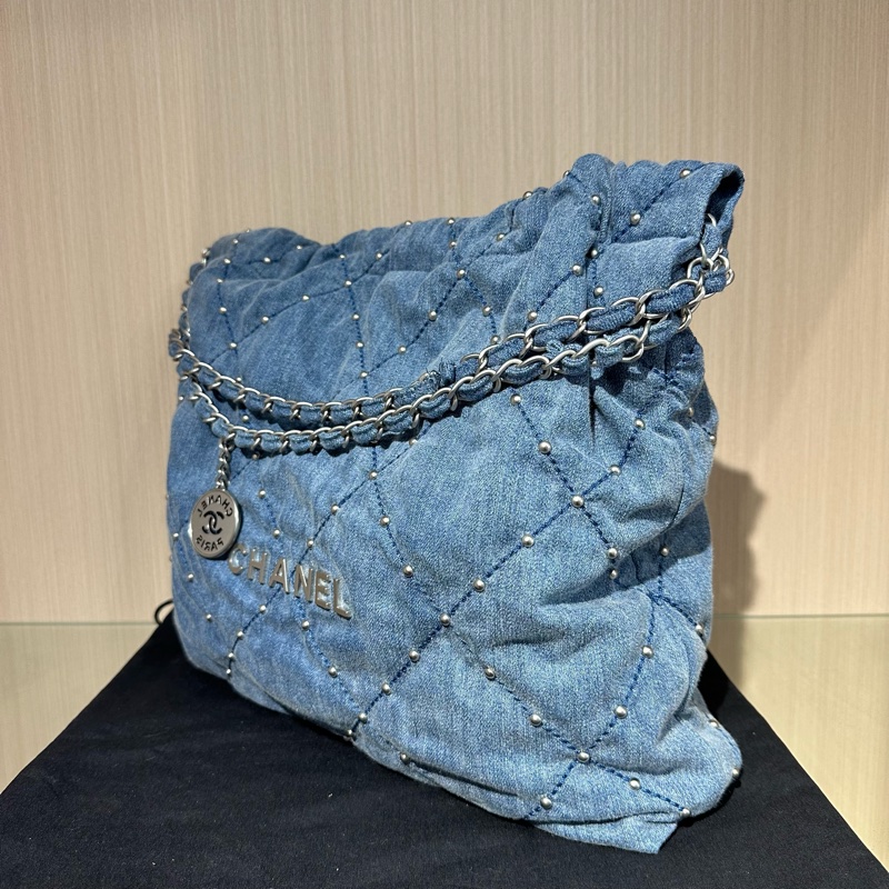 CHANEL香奈兒24s銀扣 菱格珍珠 丹寧牛仔小號 藍色-2