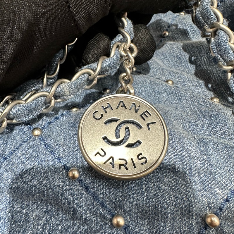 CHANEL香奈兒24s銀扣 菱格珍珠 丹寧牛仔小號 藍色-5