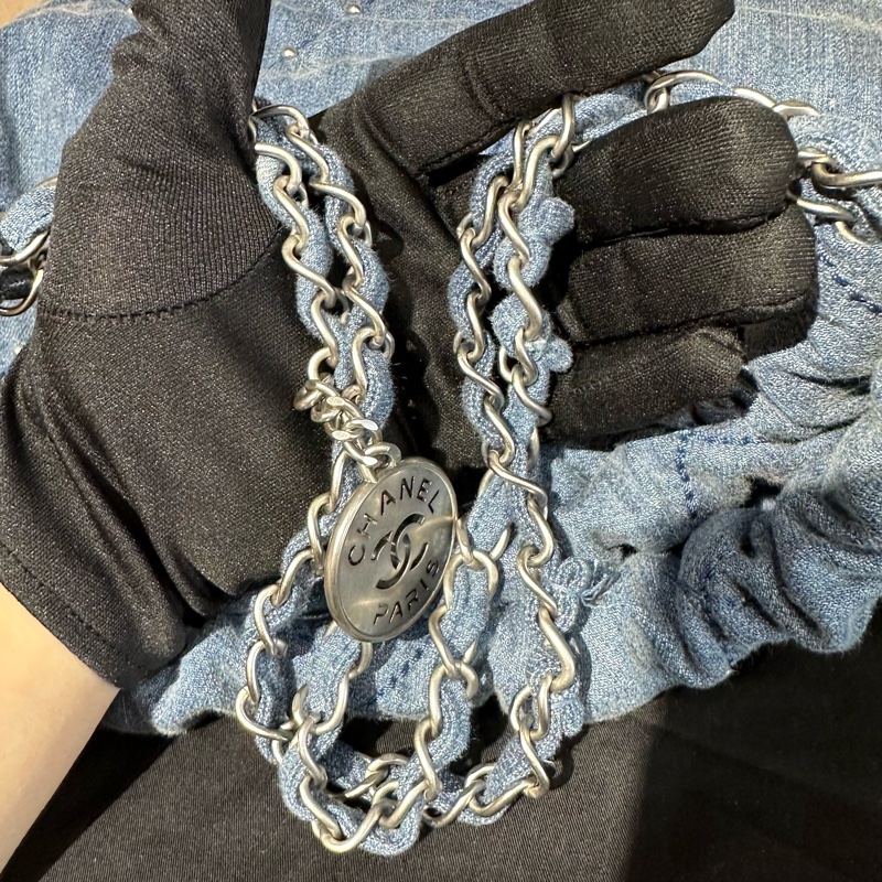 CHANEL香奈兒24s銀扣 菱格珍珠 丹寧牛仔小號 藍色-9