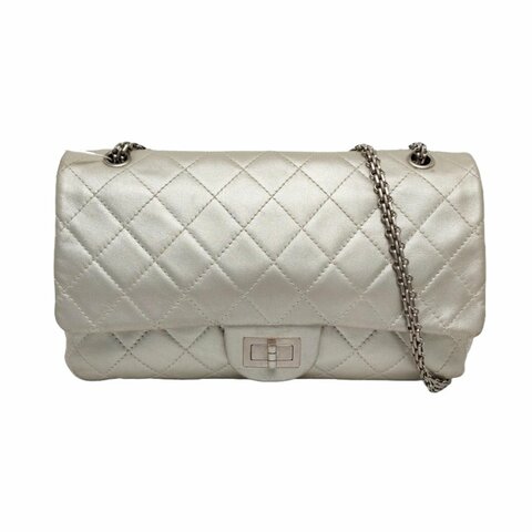 CHANEL 2.55 Maxi 超大號 銀色羊皮菱格紋絎縫單肩包斜挎包 銀色五金 12開
