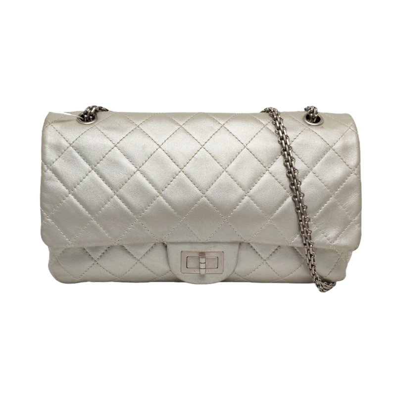 CHANEL 2.55 Maxi 超大號 銀色羊皮菱格紋絎縫單肩包斜挎包 銀色五金 12開-0
