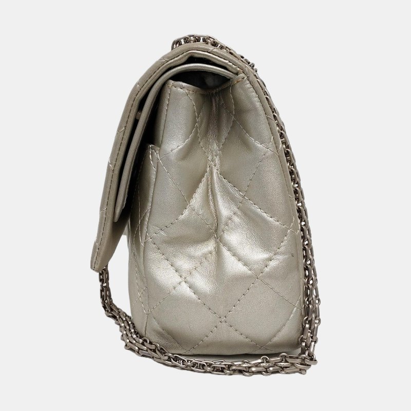 CHANEL 2.55 Maxi 超大號 銀色羊皮菱格紋絎縫單肩包斜挎包 銀色五金 12開-2