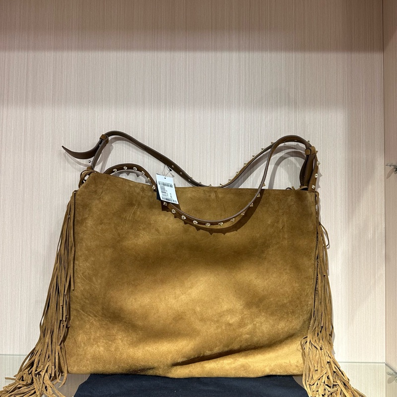 CL流蘇飾邊柳丁 牛皮單肩包 淺棕色-0