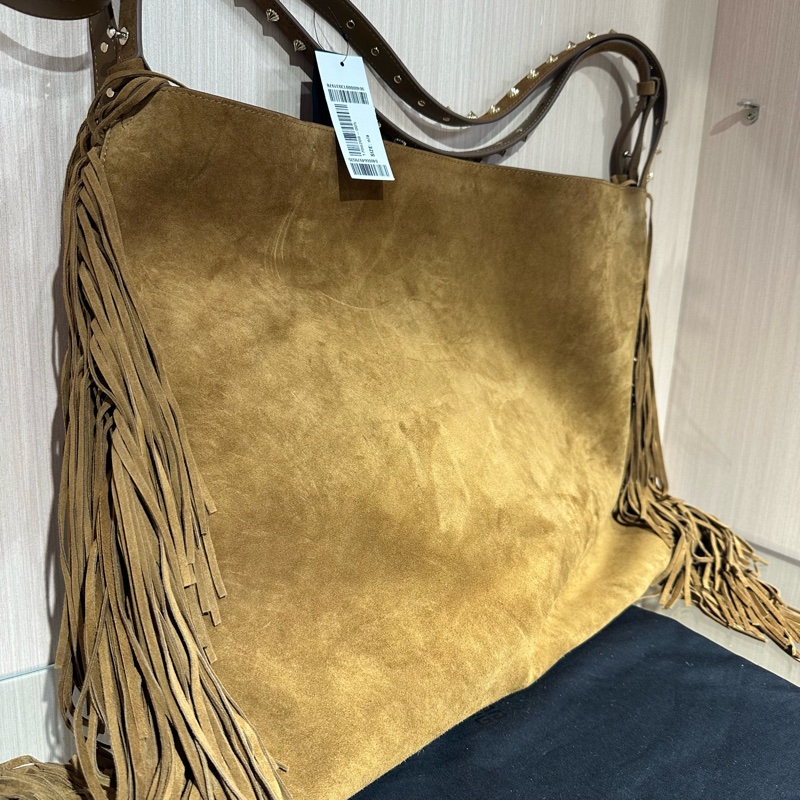 CL流蘇飾邊柳丁 牛皮單肩包 淺棕色-1