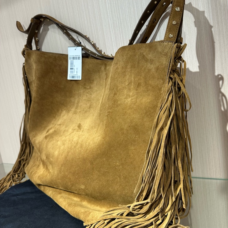 CL流蘇飾邊柳丁 牛皮單肩包 淺棕色-2