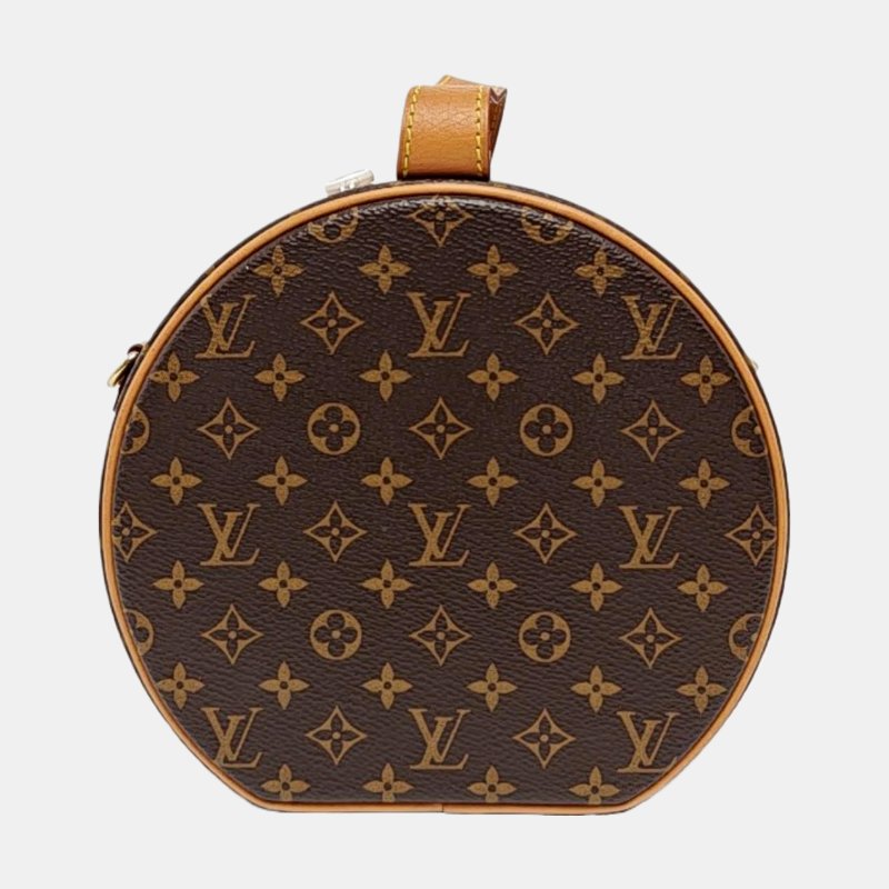 LOUIS VUITTON BOITE CHAPEAU 小號棕色塗層帆布老花印花圓餅包單肩包手提包斜挎包金色五金可拆卸肩帶-4