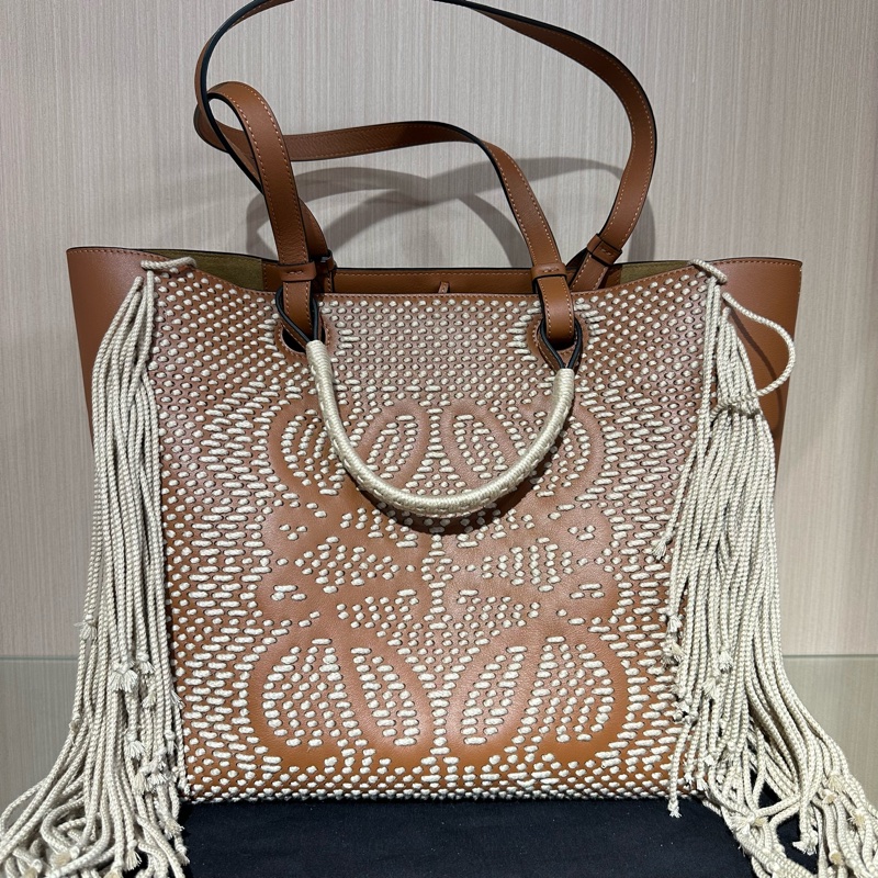 LOEWE羅意威 Anagram流蘇編織小牛皮 托特包 棕色-0