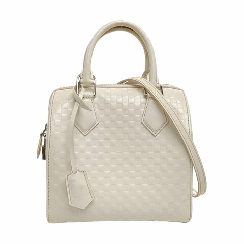 LOUIS VUITTON SPEEDY CUBE 小號白色漆皮棋盤格波士頓包單肩包手提包斜挎包銀色五金可拆卸肩帶