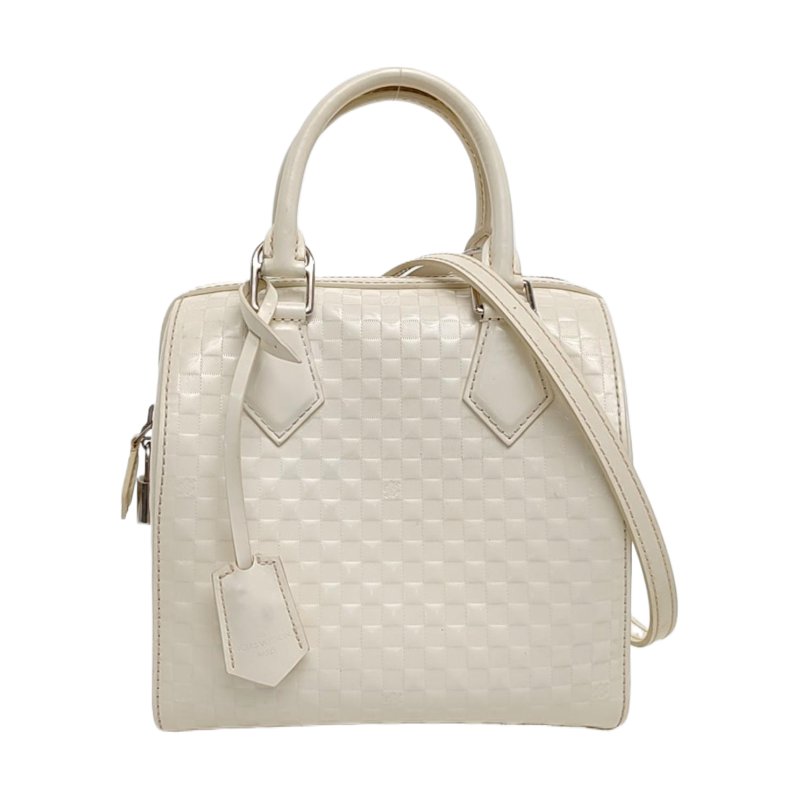 LOUIS VUITTON SPEEDY CUBE 小號白色漆皮棋盤格波士頓包單肩包手提包斜挎包銀色五金可拆卸肩帶-0