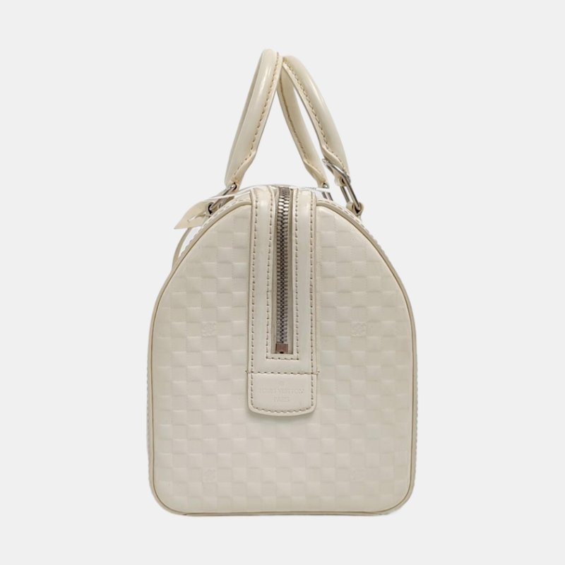 LOUIS VUITTON SPEEDY CUBE 小號白色漆皮棋盤格波士頓包單肩包手提包斜挎包銀色五金可拆卸肩帶-2