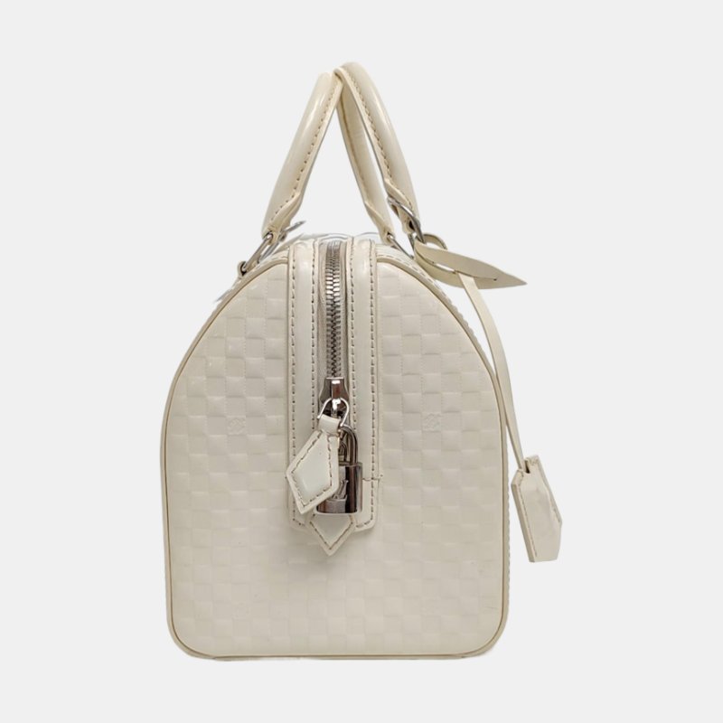 LOUIS VUITTON SPEEDY CUBE 小號白色漆皮棋盤格波士頓包單肩包手提包斜挎包銀色五金可拆卸肩帶-3
